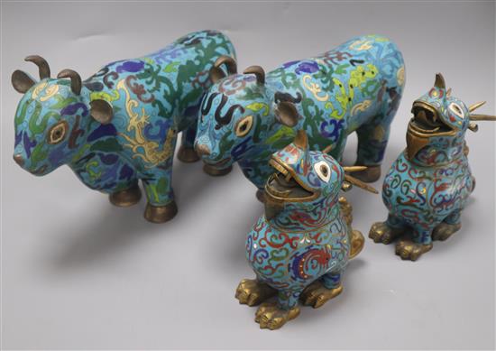 Four Chinese cloisonne enamel mythical beast censers height 20cm